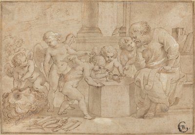 Älterer Mann beobachtet Putti beim Sezieren eines Auges von Sir Peter Paul Rubens