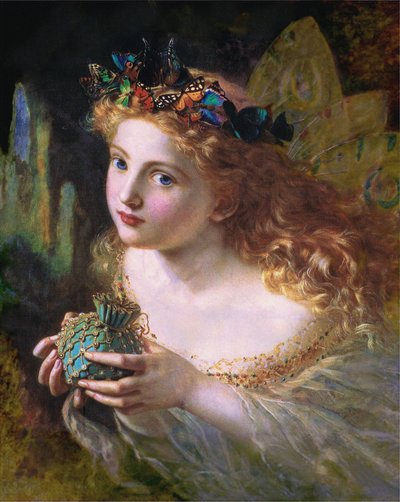 Nehmen Sie das schöne Gesicht einer Frau und hängen Sie es sanft auf, mit Schmetterlingen, Blumen und Juwelen, so wird Ihre Fee aus den schönsten Dingen gemacht von Sophie Gengembre Anderson