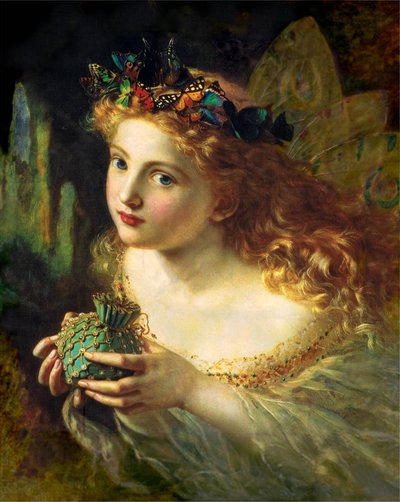 Nimm das schöne Gesicht der Frau und hänge es sanft auf, mit Schmetterlingen, Blumen und Juwelen, so wird deine Fee aus den schönsten Dingen gemacht von Sophie Gengembre Anderson