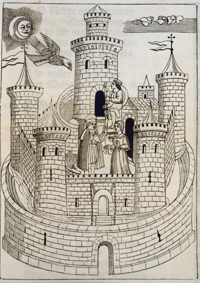 Eine Burg, Gravur zur Begleitung mallorquinischer Lieder von Fray Encelm Turmeda von Spanish School