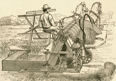 Eine Erntemaschine, von Pferden gezogen, die die Getreidebündel mechanisch band, verwendet im späten 19. Jahrhundert. Aus El Museo Popular, veröffentlicht in Madrid von Spanish School