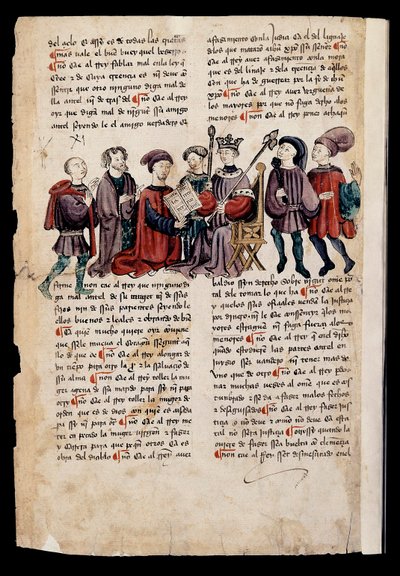 Ein Mann überreicht dem König ein Buch, Miniatur in "Libro de los Castigos o Documentos para Bien Vivir" von Spanish School