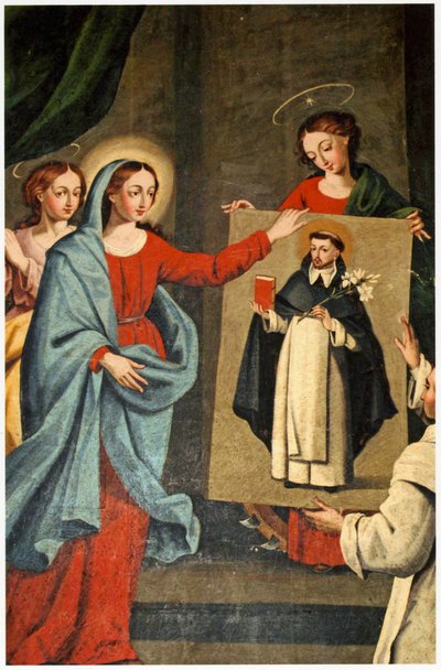 Ein Heiliger präsentiert ein Porträt von St. Dominikus der Jungfrau Maria von Spanish School