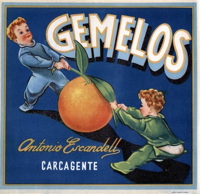 Werbung für Orangen, Bild von zwei Zwillingsbabys, die um eine Orange kämpfen. Werbeplakat, Valencia von Spanish School