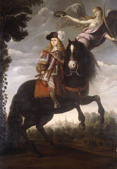 Ein Reiterporträt von König Karl II., ganzfigurig, in einem roten Mantel mit weißem Besatz, von einem Engel mit einem Lorbeerkranz gekrönt, Madrid in der Ferne von Spanish School