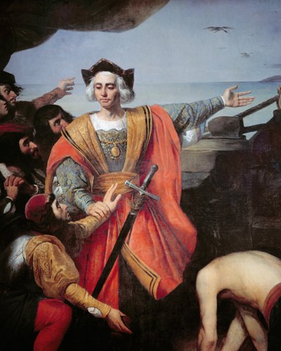 Christoph Kolumbus, an Bord seiner Karavelle, zeigt auf die Insel Guanahani (San Salvador) am 12. Oktober 1492 (Detail) von Spanish School