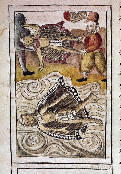 Codex der Eroberung Mexikos: Die Leichen von Itzquauhtzin und Montezuma, oder Moctezuma II, Aztekenkaiser (1466-1520), werden von den Spaniern aus dem Palast geworfen. von Spanish School
