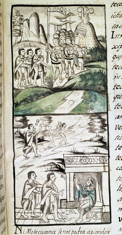 Codex der Eroberung Mexikos: die Gesandten von Montezuma, oder Moctezuma II, Aztekenkaiser, treffen die Spanier von Spanish School