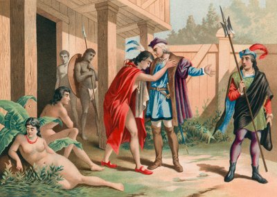 Kolumbus verabschiedet sich vom Häuptling Guacanagarix in Hispaniola von Spanish School