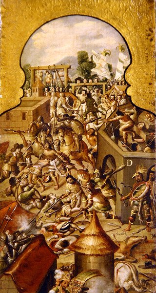 Darstellung der Gräueltaten während der Kämpfe um die Eroberung des Tempelmayors und des Zocalo-Platzes von Spanish School