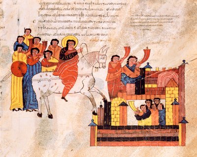 Einzug von König David in Jerusalem zum Klang der Trompeten, aus der Westgotisch-Mozarabischen Bibel von St. Isidores, fol.135r., 960 n. Chr. von Spanish School