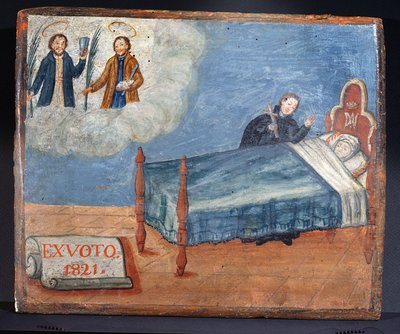 Ex Voto, gewidmet den Heiligen Cosmas und Damian, als Dank für die Heilung einer kranken Frau, 1821 von Spanish School