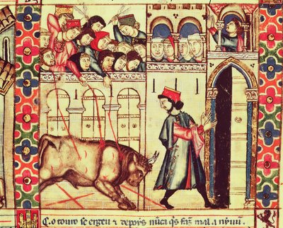 Fol.200r Tod eines Stiers in der Arena, aus dem Manuskript unter der Leitung von Alfonso X Der Weise König von Kastilien und León von Spanish School