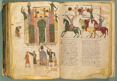 Fol.208 und 209v Angriff und Einnahme Jerusalems durch Nebukadnezar, Kopie des Originals, geschrieben von dem Mönch Beatus von Liebana um ca. 776, aus dem Kommentar zur Apokalypse, (10. Jahrhundert) von Spanish School