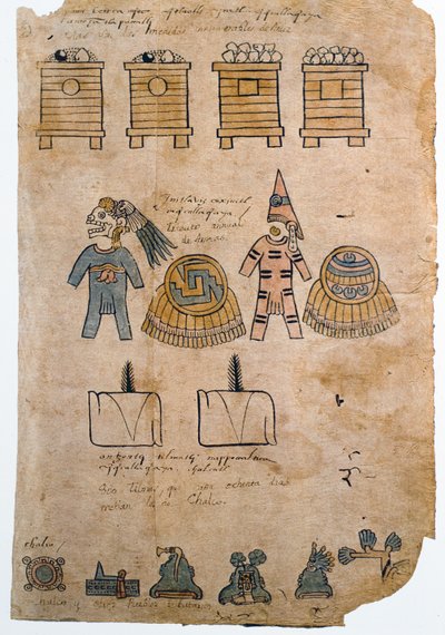 Folio 45 Seite aus dem Codex Mendoza mit Illustrationen des Tributs, den das Aztekenreich von eroberten Völkern erhielt, ca. 1541-42 von Spanish School