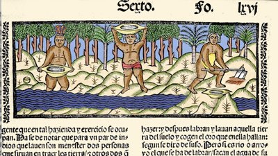 Goldsuche: Einheimische sieben den Fluss nach Gold. Gravur aus dem Buch „Historia general de las Indias, islas y tierra firme del mar oceano“ von Gonzalo Fernandez de Oviedo von Spanish School