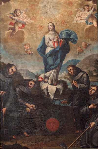Unbefleckte Empfängnis mit gärtnerischen Franziskanern. Ursprung des Chors. Signiert unten links „ADEVOZION DE DA TERESA, Sanchez Yepros?“. 18. Jahrhundert. von Spanish School