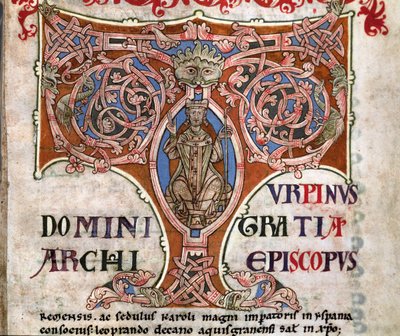 Initiale T mit einer Darstellung von Karl dem Großen, Illustration aus dem Codex Calixtinus, ca. 1140 von Spanish School
