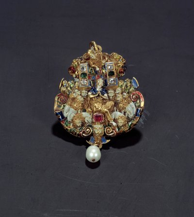 Schmuck: Diamantanhänger, Emaille auf Gold, Smaragd und Perle, darstellend Daniel in der Löwengrube. 1550-1600. Aus Spanien. Paris, Louvre von Spanish School