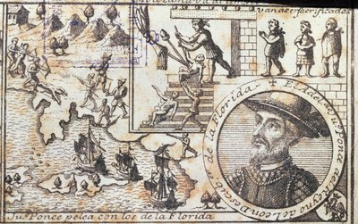 Juan Ponce kämpft gegen die Eingeborenen Floridas von Spanish School