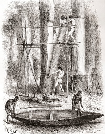 Einheimische Indianer bauen ein Kanu am Ufer des Oyapock oder Oiapoque Flusses, Südamerika (Gravur) von Spanish School