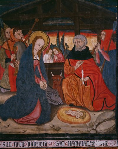 Geburt Christi, Tafel aus der Kirche San Andres von Tortura, spätes 15. Jahrhundert - frühes 16. Jahrhundert (bemaltes Holz) von Spanish School