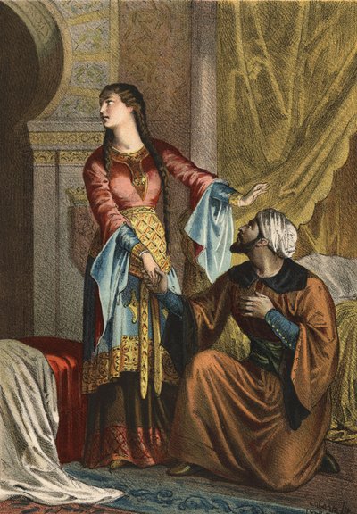 Omar, muslimischer Prinz, macht Sancha Ona, Gräfin von Kastilien, eine Liebeserklärung. In „El Culto de la Hermosura“ von Juan Justo Huguet, Molinas Hermanos editores von Spanish School