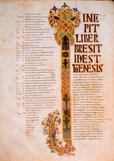 Eröffnungsseite des Buches Genesis mit dem Anfangsbuchstaben I, aus der Westgotisch-Mozarabischen Bibel von St. Isidores, fol.14v., 960 n. Chr. (Tempera auf Pergament) von Spanish School