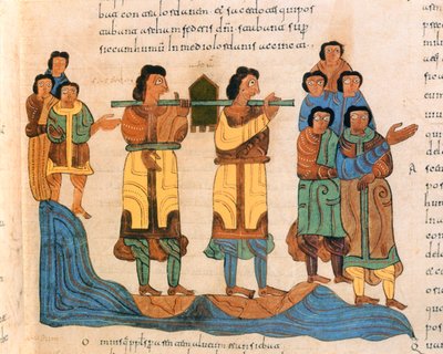 Priester tragen die Bundeslade über den Jordan, Exodus 16:6, aus der Westgotisch-Mozarabischen Bibel von St. Isidores, fol.90r., 960 n. Chr. (Tempera auf Pergament) von Spanish School