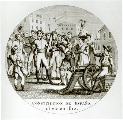 Proklamation der liberalen Verfassung vom 18. März 1812, durch die Patrioten, verkündet in Cádiz durch die Cortes von Spanish School