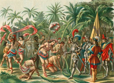 Empfang von Anacaona, genannt die Goldene Blume, auf Hispaniola für Bartholomew Columbus und Hermano del Almirante von Spanish School