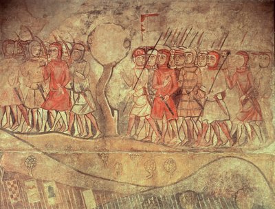 Soldaten aus der Armee von König Jakob I. (1208-76), eine Gruppe von Fußsoldaten mit Bögen und Lanzen (Detail) von Spanish School