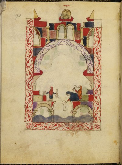 Drei Frauen tauchen Gefäße in einen Pool. Illuminiertes Manuskript einer Hispano-Maurischen Haggadah, ca. 1300, Spanien, Or. 2737, fol. 90 von Spanish School