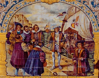 Fliesen, die König Karl I. von Spanien zeigen, wie er sich 1520 im Hafen von La Coruna auf die Annahme seiner Wahl zum Heiligen Römischen Kaiser vorbereitet (Keramik) von Spanish School