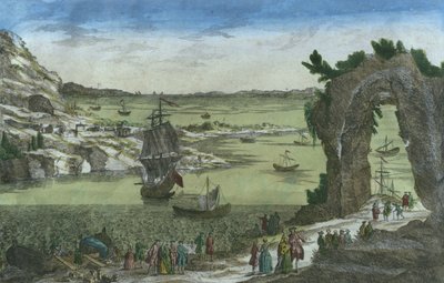Ansicht der französischen Landung zur Gründung der neuen Kolonie im Hafen von Neu-Kajenna, Französisch-Guayana, 1762 von Spanish School