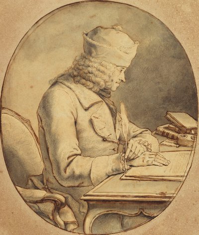 Voltaire sitzt an einem Schreibtisch und trägt eine Mütze, im Profil nach links, ca. 1765 von Stanislas Jean