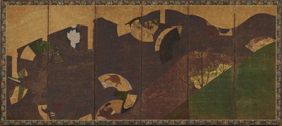 Efeuranken, Brücken und schwebende Fächer, Momoyama- oder Edo-Periode, frühes 17. Jahrhundert von Sôtatsu