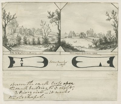 Mavesyn Ridware - Standort des Blythbury Priory: Indianertuschezeichnung, 1795 von Stebbing Shaw