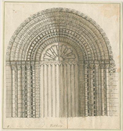 Tutbury Priory Kirche - Bogen in der Westtür: Feder- und Sepia-Zeichnung, undatiert [1762-1802] von Stebbing Shaw