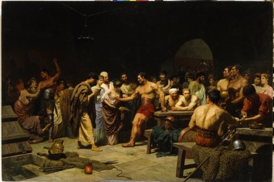 Die Gladiatoren vor ihrem Auftritt in der Arena. Römische Patrizier besuchen und bewerten die Gladiatoren vor dem Kampf, Frauen schmeicheln und beglückwünschen die Kämpfer von Stefan Vladislavovich Bakalowicz