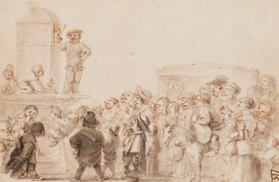 Eine Gruppe von Zwergen, die eine Puppenshow beobachten, mit einer Kutsche im Hintergrund von Stefano della Bella