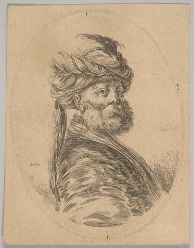 Ein türkischer Mann mit Bart und Turban mit einer langen Feder vorne von Stefano della Bella