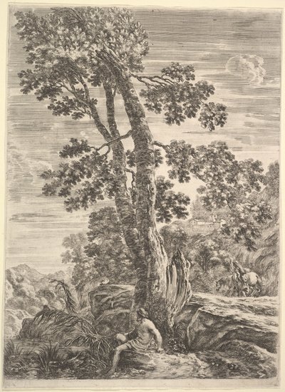 Ein Fischer in der Mitte nach links gewandt und an einen großen Baum gelehnt, eine Frau geht..., ca. 1652-57 von Stefano della Bella