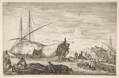 Eine Galeere mit Segeln nach links, sechs Kanonen und vier Personen im Vordergrund von Stefano della Bella