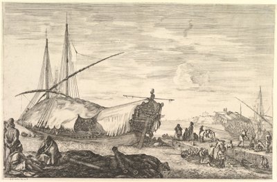 Eine Galeere mit Segeln nach links, sechs Kanonen und vier Personen im Vordergrund, ca. 1652-57 von Stefano della Bella