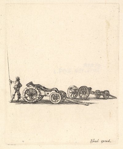 Ein Mörser und eine Kanone, beide auf Lafetten montiert, ein Soldat von hinten gezeigt, ca. 1638-43 von Stefano della Bella