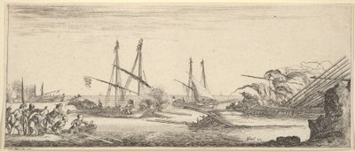 Eine Seeschlacht, ein Ruderboot voller Männer links, ein sinkendes Schiff rechts, zwei Galeeren kämpfen von Stefano della Bella