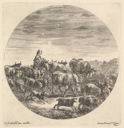 Eine Bäuerin sitzt auf einem Pferd nach links, schaut nach rechts, umgeben von einer Herde, ca. 1643-48 von Stefano della Bella