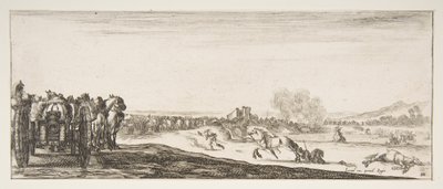 Eine Prozession von pferdegezogenen Kanonenwagen nach links, Reiter im Kampf und ein toter Soldat, ca. 1641 von Stefano della Bella