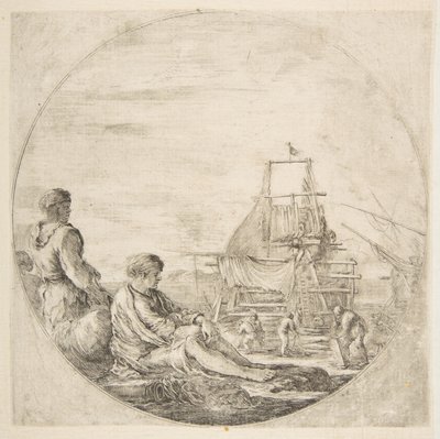 Ein sitzender weißer Matrose und ein stehender schwarzer Matrose, Menschen bauen ein Schiff im Hintergrund von Stefano della Bella